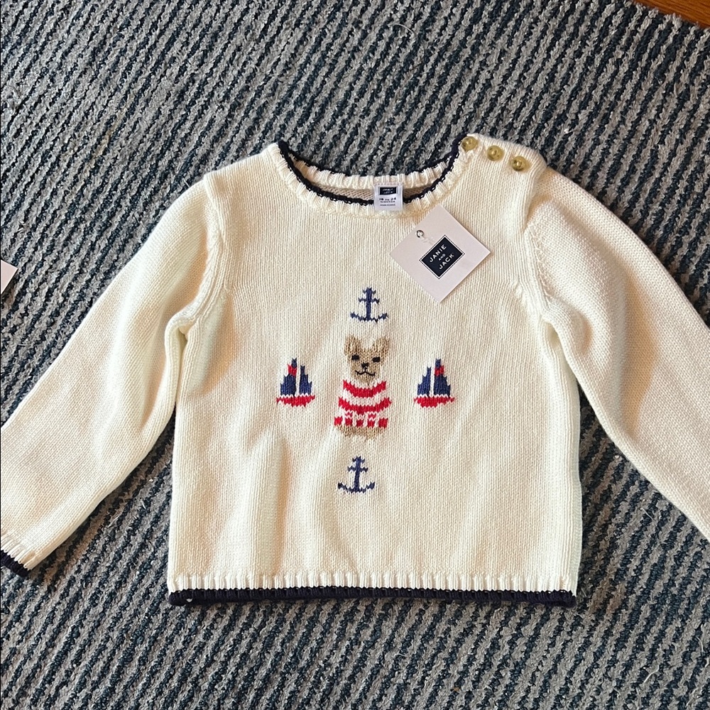 Janie and Jack Cream Knit Sweater with Nautical Bear and Red & Blue Accents